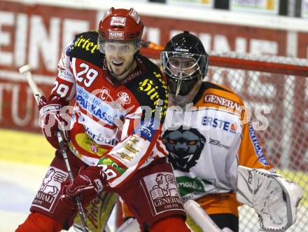 EBEL. Eishockey Bundesliga. KAC gegen  EC GRAZ 99ers. Christoph Brandner, (KAC), Fabian Weinhand (Graz). Klagenfurt, am 24.10.2008.
Foto: Kuess 

---
pressefotos, pressefotografie, kuess, qs, qspictures, sport, bild, bilder, bilddatenbank