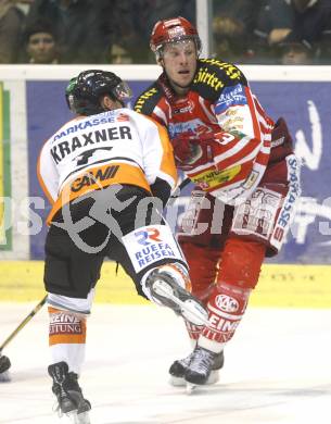 EBEL. Eishockey Bundesliga. KAC gegen  EC GRAZ 99ers. Johannes Kirisits (KAC), Kevin Kraxner (Graz). Klagenfurt, am 24.10.2008.
Foto: Kuess 

---
pressefotos, pressefotografie, kuess, qs, qspictures, sport, bild, bilder, bilddatenbank