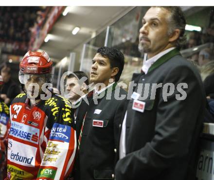 EBEL. Eishockey Bundesliga. KAC gegen  EC GRAZ 99ers. Christoph Brandner, Mario Schaden, Trainer Many Viveiros, Gerald Ressmann (KAC). Klagenfurt, am 24.10.2008.
Foto: Kuess 

---
pressefotos, pressefotografie, kuess, qs, qspictures, sport, bild, bilder, bilddatenbank