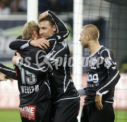 Fussball. Tipp3-Bundesliga. SK Austria Kelag Kaernten gegen LASK. Torjubel Maier Santos Thiago Schumacher, Weber Manuel  (Kaernten). Klagenfurt, 26.10.2008
Copyright Kuess

---
pressefotos, pressefotografie, kuess, qs, qspictures, sport, bild, bilder, bilddatenbank