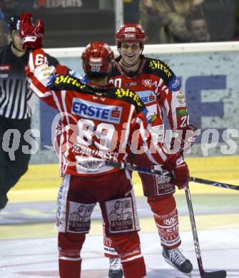 EBEL. Eishockey Bundesliga. KAC gegen Vienna Capitals. Torjubel Raphael Herburger, Mike Craig. Klagenfurt, am 28.10.2008.
Foto: Kuess 

---
pressefotos, pressefotografie, kuess, qs, qspictures, sport, bild, bilder, bilddatenbank