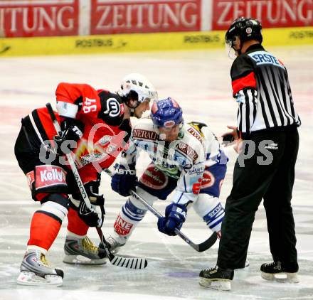 EBEL. Eishockey Bundesliga. VSV gegen HK Acroni Jesenice. KASPITZ Roland (VSV), POLONCIC Gregor (Jesenice). Villach, am 28.10.2008.
Foto: Nadja Kuess 

---
pressefotos, pressefotografie, kuess, qs, qspictures, sport, bild, bilder, bilddatenbank