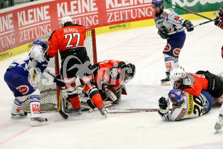 EBEL. Eishockey Bundesliga. VSV gegen HK Acroni Jesenice. KASPITZ Roland, ELICK Mickey, PEINTNER Markus  (VSV), REBOLJ Miha, GLAVIC Gaber, TERLIKAR Anze  (Jesenice). Villach, am 28.10.2008.
Foto: Kuess 


---
pressefotos, pressefotografie, kuess, qs, qspictures, sport, bild, bilder, bilddatenbank