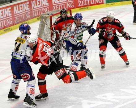 EBEL. Eishockey Bundesliga. VSV gegen HK Acroni Jesenice. MAPLETOFT Justin, FERLAND Jonathan  (VSV), KOVACEVIC Sabahudin, ERMAN Matevz, GLAVIC  Gaber (Jesenice). Villach, am 28.10.2008.
Foto: Kuess

---
pressefotos, pressefotografie, kuess, qs, qspictures, sport, bild, bilder, bilddatenbank