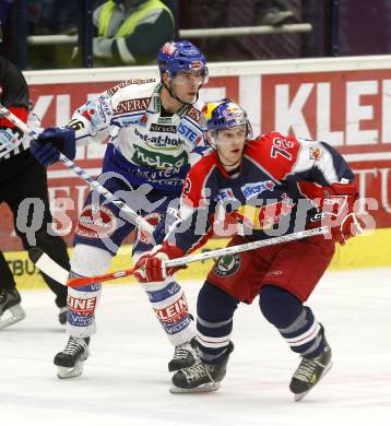 EBEL. Eishockey Bundesliga. EC VSV gegen Red Bull Salzburg. Dan Cavanaugh, (VSV), John Hughes (Salzburg). Villach, am 30.10.2008.
Foto: Kuess

---
pressefotos, pressefotografie, kuess, qs, qspictures, sport, bild, bilder, bilddatenbank