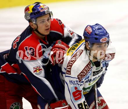 EBEL. Eishockey Bundesliga. EC VSV gegen Red Bull Salzburg. Jonathan Ferland, (VSV),  Oskars Cibulskis (Salzburg). Villach, am 30.10.2008.
Foto: Kuess 

---
pressefotos, pressefotografie, kuess, qs, qspictures, sport, bild, bilder, bilddatenbank