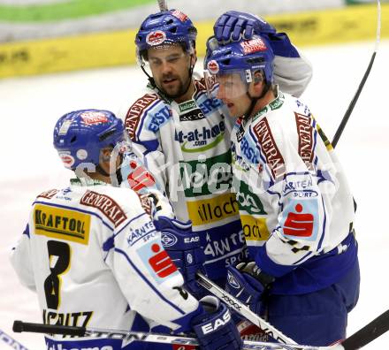 EBEL. Eishockey Bundesliga. EC VSV gegen Red Bull Salzburg. Torjubel Darell Scoville, Guenther Lanzinger (VSV). Villach, am 30.10.2008.
Foto: Kuess

---
pressefotos, pressefotografie, kuess, qs, qspictures, sport, bild, bilder, bilddatenbank