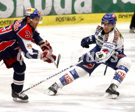 EBEL. Eishockey Bundesliga. EC VSV gegen Red Bull Salzburg. Dan Cavanaugh,(VSV),  Jeremy Rebek (Salzburg). Villach, am 30.10.2008.
Foto: Kuess 
Foto: Kuess

---
pressefotos, pressefotografie, kuess, qs, qspictures, sport, bild, bilder, bilddatenbank