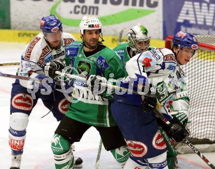 EBEL. Eishockey Bundesliga. EC Pasut VSV gegen HDD TILIA Olimpija Ljubljana (Laibach). RAFFL Michael, LANZINGER Guenther (VSV), INTRANUOVO Raffaele, MORRISON Michael (Ljubljana). Villach, am 11.11.2008.
Foto: Nadja Kuess

---
pressefotos, pressefotografie, kuess, qs, qspictures, sport, bild, bilder, bilddatenbank