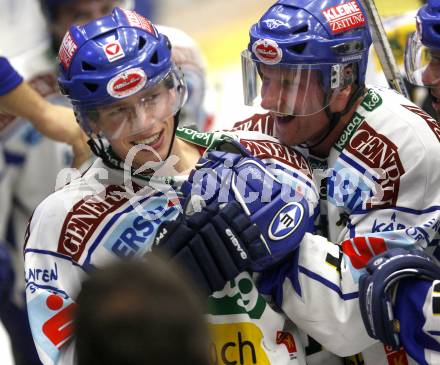 EBEL. Eishockey Bundesliga. EC Pasut VSV gegen HDD TILIA Olimpija Ljubljana (Laibach). Jubel Michael Raffl, Guenther Lanzinger. Villach, am 11.11.2008.
Foto: Kuess 

---
pressefotos, pressefotografie, kuess, qs, qspictures, sport, bild, bilder, bilddatenbank