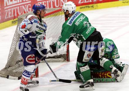 EBEL. Eishockey Bundesliga. EC Pasut VSV gegen HDD TILIA Olimpija Ljubljana (Laibach). KASPITZ Roland (VSV), MITCHELL Kevin (Ljubljana). Villach, am 11.11.2008.
Foto: Nadja Kuess

---
pressefotos, pressefotografie, kuess, qs, qspictures, sport, bild, bilder, bilddatenbank