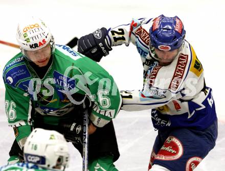 EBEL. Eishockey Bundesliga. EC Pasut VSV gegen HDD TILIA Olimpija Ljubljana (Laibach). PETRIK Nicolas (VSV), PETRILAINEN Pasi (Ljubljana). Villach, am 11.11.2008.
Foto: Nadja Kuess
---
pressefotos, pressefotografie, kuess, qs, qspictures, sport, bild, bilder, bilddatenbank