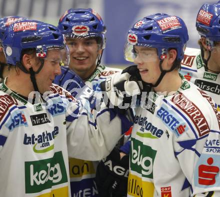 EBEL. Eishockey Bundesliga. EC Pasut VSV gegen HDD TILIA Olimpija Ljubljana (Laibach). Jubel Mickey Elick, Michael Raffl. Villach, am 11.11.2008.
Foto: Kuess 

---
pressefotos, pressefotografie, kuess, qs, qspictures, sport, bild, bilder, bilddatenbank