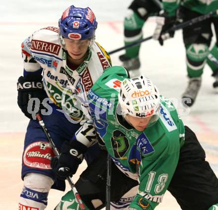 EBEL. Eishockey Bundesliga. EC Pasut VSV gegen HDD TILIA Olimpija Ljubljana (Laibach). Michael Raffl (VSV), Jure Kralj (Ljubljana). Villach, am 11.11.2008.
Foto: Nadja Kuess 

---
pressefotos, pressefotografie, kuess, qs, qspictures, sport, bild, bilder, bilddatenbank