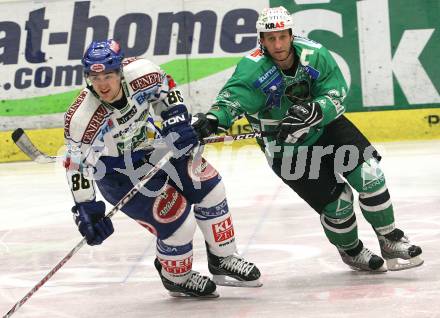 EBEL. Eishockey Bundesliga. EC Pasut VSV gegen HDD TILIA Olimpija Ljubljana (Laibach). Jonathan Ferland (VSV), Tomaz Vnuk (Ljubljana). Villach, am 11.11.2008.
Foto: Nadja Kuess
---
pressefotos, pressefotografie, kuess, qs, qspictures, sport, bild, bilder, bilddatenbank