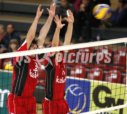 Volleyball Europacup. VBK Lowen gegen LM Tourcoing. Peter Vanik, Simon Fruehbauer (VBK Loewen). Klagenfurt, am 13.11.2008.
Foto: Kuess
---
pressefotos, pressefotografie, kuess, qs, qspictures, sport, bild, bilder, bilddatenbank