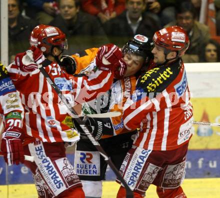 EBEL. Eishockey Bundesliga. KAC gegen  EC GRAZ 99ers. Andrew Schneider, Jeffrey Tory, Kevin Kraxner (KAC). Klagenfurt, am 16.11.2008.
Foto: Kuess 

---
pressefotos, pressefotografie, kuess, qs, qspictures, sport, bild, bilder, bilddatenbank