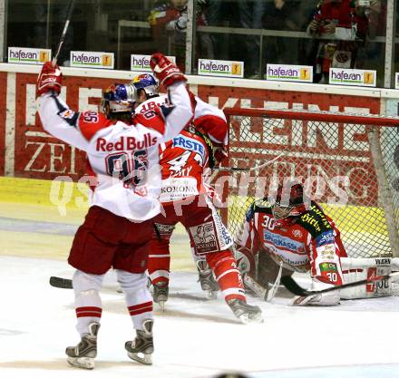 EBEL. Eishockey Bundesliga. KAC gegen  EC Red Bull Salzburg. SWETTE Rene, TORY Jeffrey (KAC), Torjubel ULMER Martin (Salzburg). Klagenfurt, am 20.11.2008.
Foto: Nadja Kuess 

---
pressefotos, pressefotografie, kuess, qs, qspictures, sport, bild, bilder, bilddatenbank