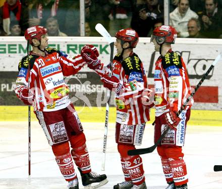 EBEL. Eishockey Bundesliga. KAC gegen  EC Red Bull Salzburg. Torjubel KAC, CRAIG Michael, TORY Jeffrey, RATZ Herbert. Klagenfurt, am 20.11.2008.
Foto: Nadja Kuess 

---
pressefotos, pressefotografie, kuess, qs, qspictures, sport, bild, bilder, bilddatenbank