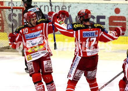 EBEL. Eishockey Bundesliga. KAC gegen  EC Red Bull Salzburg. Torjubel  NORRIS Warren, HAGER Gregor (KAC). Klagenfurt, am 20.11.2008.
Foto: Nadja Kuess 

---
pressefotos, pressefotografie, kuess, qs, qspictures, sport, bild, bilder, bilddatenbank