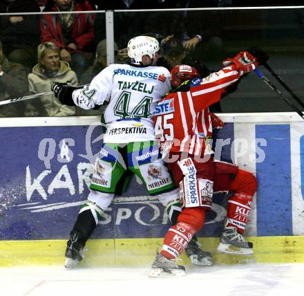 EBEL. Eishockey Bundesliga. KAC gegen  HDD TILIA Olimpija Ljubljana. SCHULLER David (KAC), TAVZELJ Andrej (Ljubljana). Klagenfurt, am 25.11.2008.
Foto: Nadja Kuess
---
pressefotos, pressefotografie, kuess, qs, qspictures, sport, bild, bilder, bilddatenbank