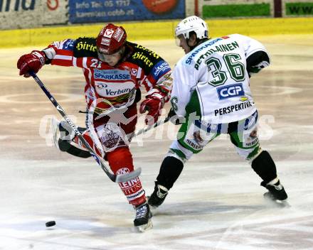 EBEL. Eishockey Bundesliga. KAC gegen  HDD TILIA Olimpija Ljubljana. GEIER Manuel (KAC), PETRILAINEN Pasi (Ljubljana). Klagenfurt, am 25.11.2008.
Foto: Nadja Kuess 

---
pressefotos, pressefotografie, kuess, qs, qspictures, sport, bild, bilder, bilddatenbank