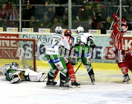 EBEL. Eishockey Bundesliga. KAC gegen  HDD TILIA Olimpija Ljubljana. BROWN Sean, HARAND Christoph (KAC), ZUPANCIC Nik, GROZNIK Bostjan, SILA Ales (Ljubljana). Klagenfurt, am 25.11.2008.
Foto: Nadja Kuess

---
pressefotos, pressefotografie, kuess, qs, qspictures, sport, bild, bilder, bilddatenbank