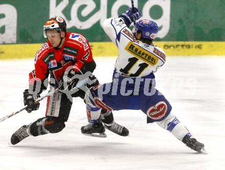 EBEL. Eishockey Bundesliga. EC Pasut VSV gegen HC TWK Innsbruck "Die Haie". Niko Toff,  (VSV), Dustin Johner (Innsbruck). Villach, am 25.11.2008.
Foto: Kuess 

---
pressefotos, pressefotografie, kuess, qs, qspictures, sport, bild, bilder, bilddatenbank