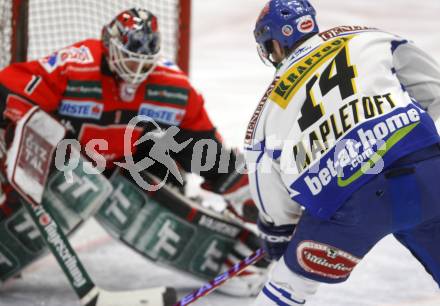 EBEL. Eishockey Bundesliga. EC Pasut VSV gegen HC TWK Innsbruck "Die Haie".  Justin Mapletoft,  (VSV), Seamus Kotyk (Innsbruck). Villach, am 25.11.2008.
Foto: Kuess 

---
pressefotos, pressefotografie, kuess, qs, qspictures, sport, bild, bilder, bilddatenbank