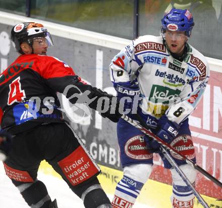 EBEL. Eishockey Bundesliga. EC Pasut VSV gegen HC TWK Innsbruck "Die Haie". Roland Kaspitz,  (VSV), Gerhard Unterluggauer (Innsbruck). Villach, am 25.11.2008.
Foto: Kuess 

---
pressefotos, pressefotografie, kuess, qs, qspictures, sport, bild, bilder, bilddatenbank