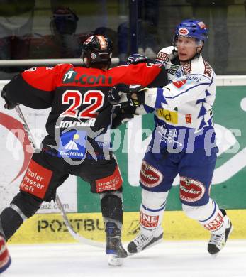 EBEL. Eishockey Bundesliga. EC Pasut VSV gegen HC TWK Innsbruck "Die Haie". Robby Sandrock,  (VSV), Dustin Johner (Innsbruck). Villach, am 25.11.2008.
Foto: Kuess 

---
pressefotos, pressefotografie, kuess, qs, qspictures, sport, bild, bilder, bilddatenbank