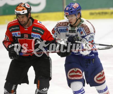 EBEL. Eishockey Bundesliga. EC Pasut VSV gegen HC TWK Innsbruck "Die Haie". Michael Raffl, (VSV), Alan Letang  (Innsbruck). Villach, am 25.11.2008.
Foto: Kuess 

---
pressefotos, pressefotografie, kuess, qs, qspictures, sport, bild, bilder, bilddatenbank