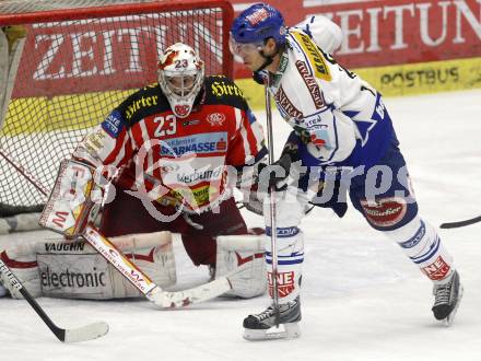 EBEL. Eishockey Bundesliga. EC Pasut VSV gegen EC KAC. Thomas Raffl,  (VSV), Hannes Enzenhofer (KAC). Villach, am 28.11.2008.
Foto: Kuess 
Foto: Kuess

---
pressefotos, pressefotografie, kuess, qs, qspictures, sport, bild, bilder, bilddatenbank