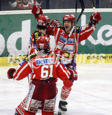 EBEL. Eishockey Bundesliga. EC Pasut VSV gegen EC KAC. Torjubel Jeff Shantz, Christoph Harand, Christoph Brandner. Villach, am 28.11.2008.
Foto: Kuess 
Foto: Kuess

---
pressefotos, pressefotografie, kuess, qs, qspictures, sport, bild, bilder, bilddatenbank