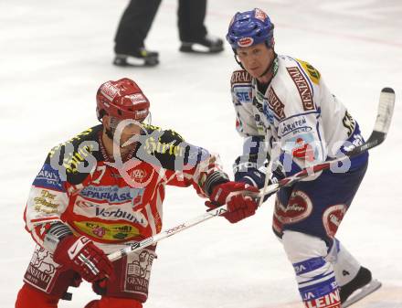 EBEL. Eishockey Bundesliga. EC Pasut VSV gegen EC KAC. Mike Stewart (VSV), Sean Brown (KAC). Villach, am 28.11.2008.
Foto: Kuess 
Foto: Kuess

---
pressefotos, pressefotografie, kuess, qs, qspictures, sport, bild, bilder, bilddatenbank