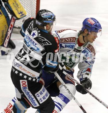 EBEL. Eishockey Bundesliga. EC Pasut VSV gegen EHC LIWEST Linz. Thomas Raffl,  (VSV), Robert Shearer (Linz). Villach, am 30.11.2008.
Foto: Kuess 

---
pressefotos, pressefotografie, kuess, qs, qspictures, sport, bild, bilder, bilddatenbank