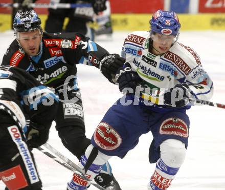 EBEL. Eishockey Bundesliga. EC Pasut VSV gegen EHC LIWEST Linz. Michael Raffl,  (VSV), Ray Dilauro (Linz). Villach, am 30.11.2008.
Foto: Kuess 

---
pressefotos, pressefotografie, kuess, qs, qspictures, sport, bild, bilder, bilddatenbank