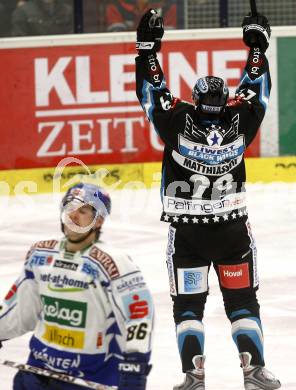 EBEL. Eishockey Bundesliga. EC Pasut VSV gegen EHC LIWEST Linz. Jonathan Ferland,  (VSV), Torjubel Markus Matthiasson (Linz). Villach, am 30.11.2008.
Foto: Kuess 

---
pressefotos, pressefotografie, kuess, qs, qspictures, sport, bild, bilder, bilddatenbank