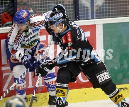 EBEL. Eishockey Bundesliga. EC Pasut VSV gegen EHC LIWEST Linz. Dan Cavanaugh, (VSV), Matthias Iberer  (Linz). Villach, am 30.11.2008.
Foto: Kuess 

---
pressefotos, pressefotografie, kuess, qs, qspictures, sport, bild, bilder, bilddatenbank