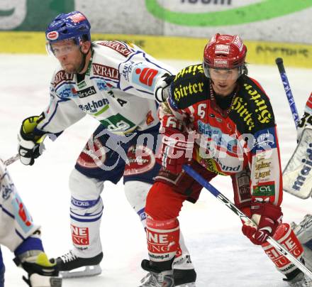 EBEL. Eishockey Bundesliga. EC Pasut VSV gegen EC KAC. Mickey Elick (VSV), Christoph Harand (KAC). Villach, am 28.11.2008.
Foto: Kuess 
Foto: Kuess

---
pressefotos, pressefotografie, kuess, qs, qspictures, sport, bild, bilder, bilddatenbank