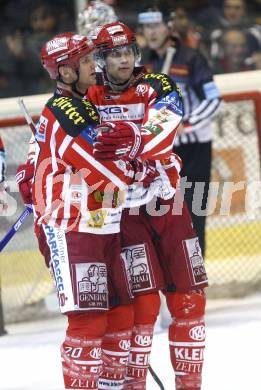 EBEL. Eishockey Bundesliga. KAC gegen Alba Volan. Torjubel Mike Craig, gregor Hager (KAC). Klagenfurt, am 2.12.2008.
Foto: Kuess 

---
pressefotos, pressefotografie, kuess, qs, qspictures, sport, bild, bilder, bilddatenbank