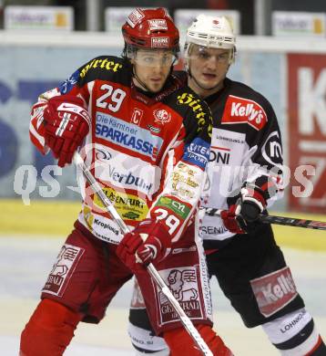 EBEL. Eishockey Bundesliga. KAC gegen  HK Acroni Jesenice. BRANDNER Christoph (KAC), REBOLJ Miha (Jesenice). Klagenfurt, am 5.12.2008.
Foto: Kuess 

---
pressefotos, pressefotografie, kuess, qs, qspictures, sport, bild, bilder, bilddatenbank