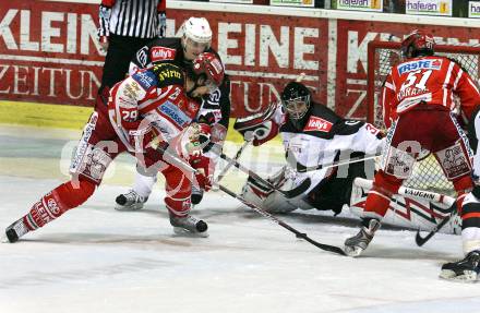 EBEL. Eishockey Bundesliga. KAC gegen  HK Acroni Jesenice. BRANDNER Christoph, HARAND Christoph (KAC), GLAVIC Gaber (Jesenice). Klagenfurt, am 5.12.2008.
Foto: Nadja Kuess

---
pressefotos, pressefotografie, kuess, qs, qspictures, sport, bild, bilder, bilddatenbank