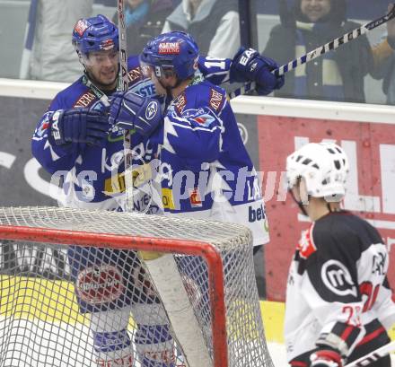 EBEL. Eishockey Bundesliga. EC Pasut VSV gegen HK Acroni Jesenice. Torjubel Dan Cavanaugh, Guenther Lanzinger (VSV). Villach, am 7.12.2008.
Foto: Kuess 


---
pressefotos, pressefotografie, kuess, qs, qspictures, sport, bild, bilder, bilddatenbank