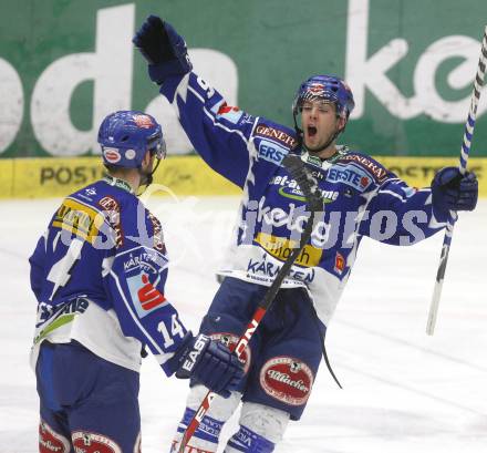 EBEL. Eishockey Bundesliga. EC Pasut VSV gegen HK Acroni Jesenice. Torjubel Justin Mapletoft, Dan Cavanaugh (VSV), (Jesenice). Villach, am 7.12.2008.
Foto: Kuess 


---
pressefotos, pressefotografie, kuess, qs, qspictures, sport, bild, bilder, bilddatenbank