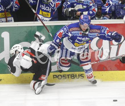 EBEL. Eishockey Bundesliga. EC Pasut VSV gegen HK Acroni Jesenice. Roland Kaspitz (VSV), Marcel Rodman (Jesenice). Villach, am 7.12.2008.
Foto: Kuess 


---
pressefotos, pressefotografie, kuess, qs, qspictures, sport, bild, bilder, bilddatenbank