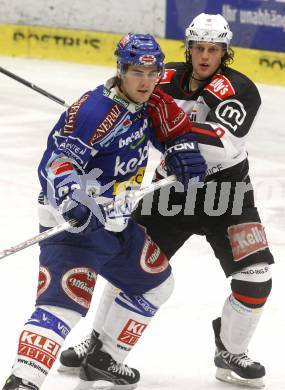 EBEL. Eishockey Bundesliga. EC Pasut VSV gegen HK Acroni Jesenice. Jonathan Ferland (VSV), Ziga Svete (Jesenice). Villach, am 7.12.2008.
Foto: Kuess 


---
pressefotos, pressefotografie, kuess, qs, qspictures, sport, bild, bilder, bilddatenbank