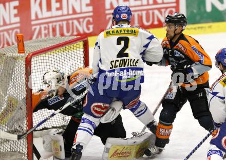 EBEL. Eishockey Bundesliga. EC Pasut VSV gegen Graz 99ers. Darell Scoville (VSV), Dov Grumet-Morris, Michael Stuart (Graz). Villach, am 9.12.2008.
Foto: Nadja Kuess



---
pressefotos, pressefotografie, kuess, qs, qspictures, sport, bild, bilder, bilddatenbank