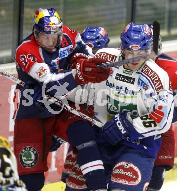 EBEL. Eishockey Bundesliga. EC Pasut VSV gegen EC Red Bull Salzburg. Jonathan Ferland, (VSV),  Jeremy Rebek (Salzburg). Villach, am 14.12.2008.
Foto: Kuess 

---
pressefotos, pressefotografie, kuess, qs, qspictures, sport, bild, bilder, bilddatenbank