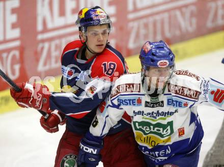 EBEL. Eishockey Bundesliga. EC Pasut VSV gegen EC Red Bull Salzburg. Roland Kaspitz, (VSV),  Oskars Cibulskis (Salzburg). Villach, am 14.12.2008.
Foto: Kuess 

---
pressefotos, pressefotografie, kuess, qs, qspictures, sport, bild, bilder, bilddatenbank